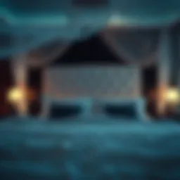 Luxurious bed cinema setup with plush bedding and ambient lighting