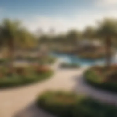 Vibrant Community Park in Dubai Ranches A vibrant community park in Dubai Ranches featuring recreational facilities and families enjoying outdoor activities.