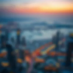 Panoramic view of Dubai skyline at sunset