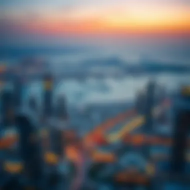 Panoramic view of Dubai skyline at sunset