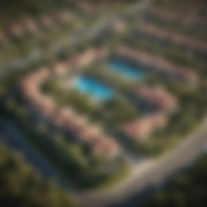 Aerial view of Meadows Villas community showcasing lush greenery and luxury homes