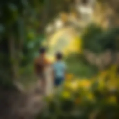 Children exploring nature trails in a lush environment