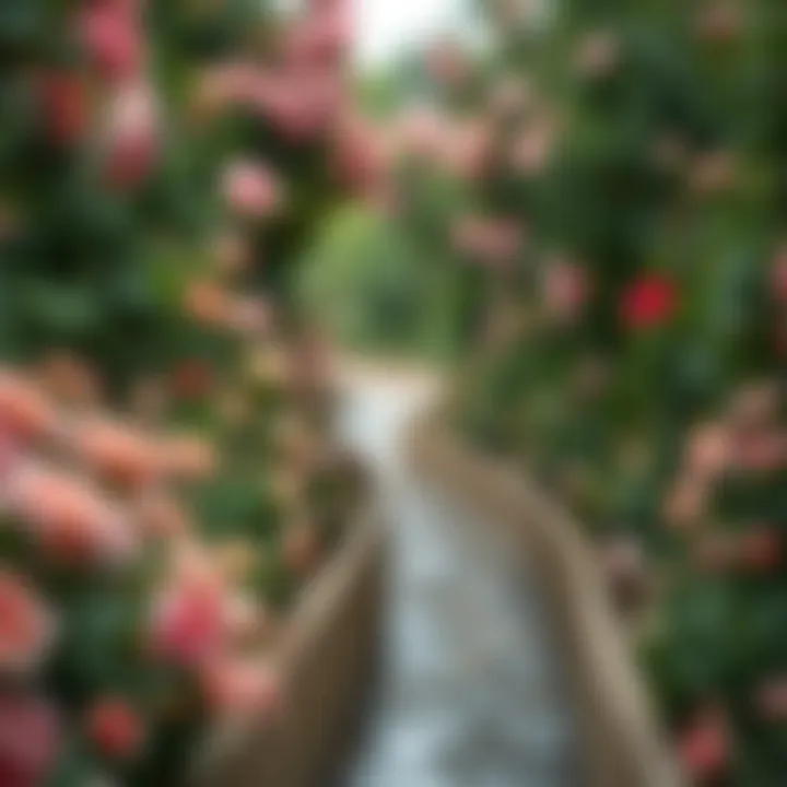 A serene pathway winding through a lush rose garden