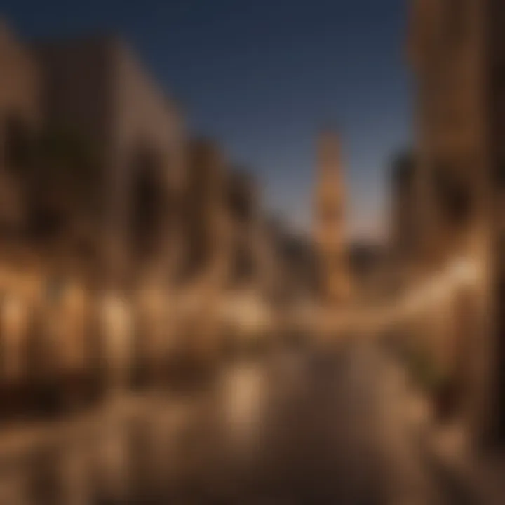 Evening view of Old Town Dubai illuminated against the skyline