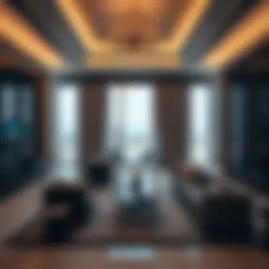 A stylish interior of a high-end apartment in a Dubai skyscraper.