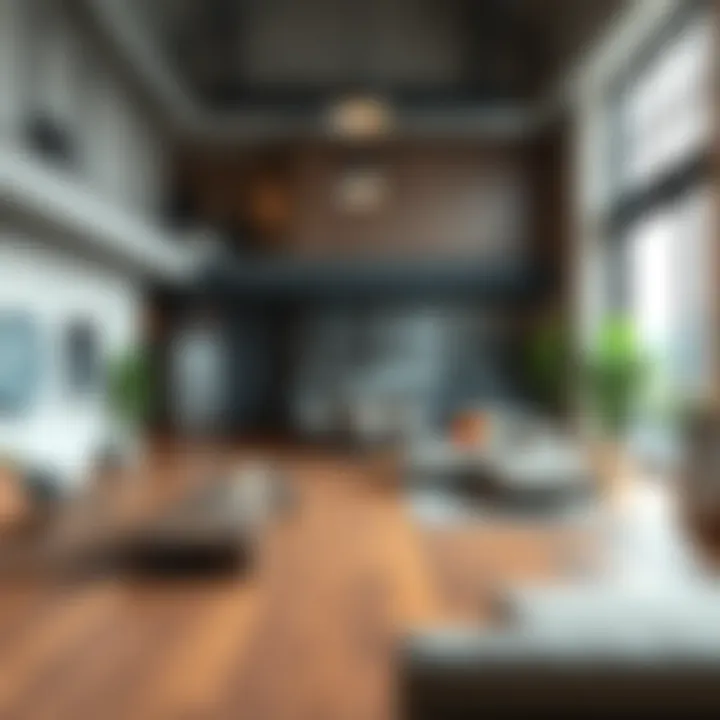 Modern Loft with Industrial Design A modern loft showcasing an open floor plan with industrial design elements.