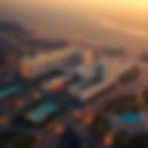 Aerial view of The Valley showcasing its modern architecture and landscaping